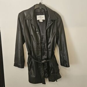 Black Leather Belted Jacket. 3/4 Length 32 Inches.